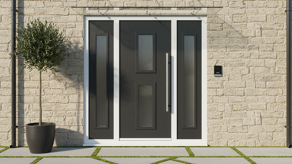 Eye-level view of a modern composite front door with glass panels