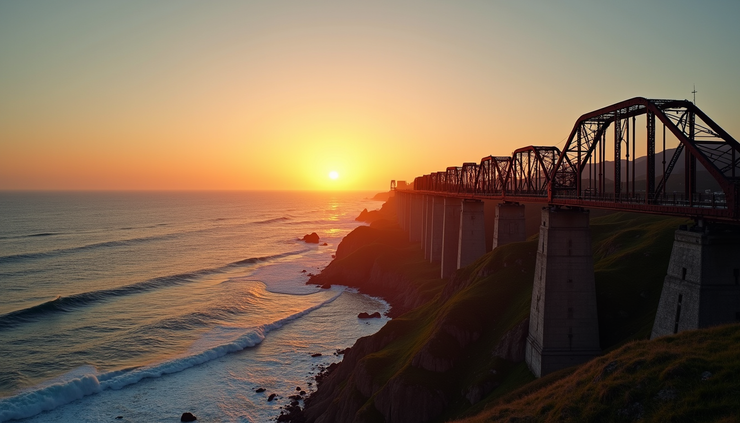 Wide angle view of Pamban Bridge over the sea at sunset