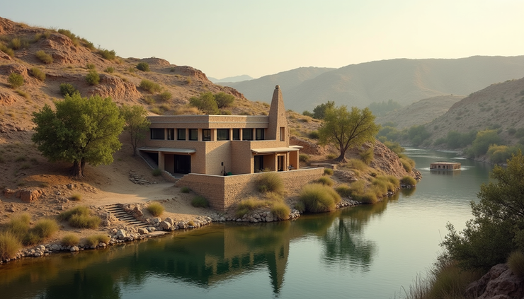 High angle view of riverside guesthouse with stone ruins in background at Hampi