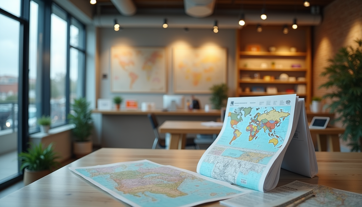 Eye-level view of a travel agency office in Coimbatore with brochures and maps on display