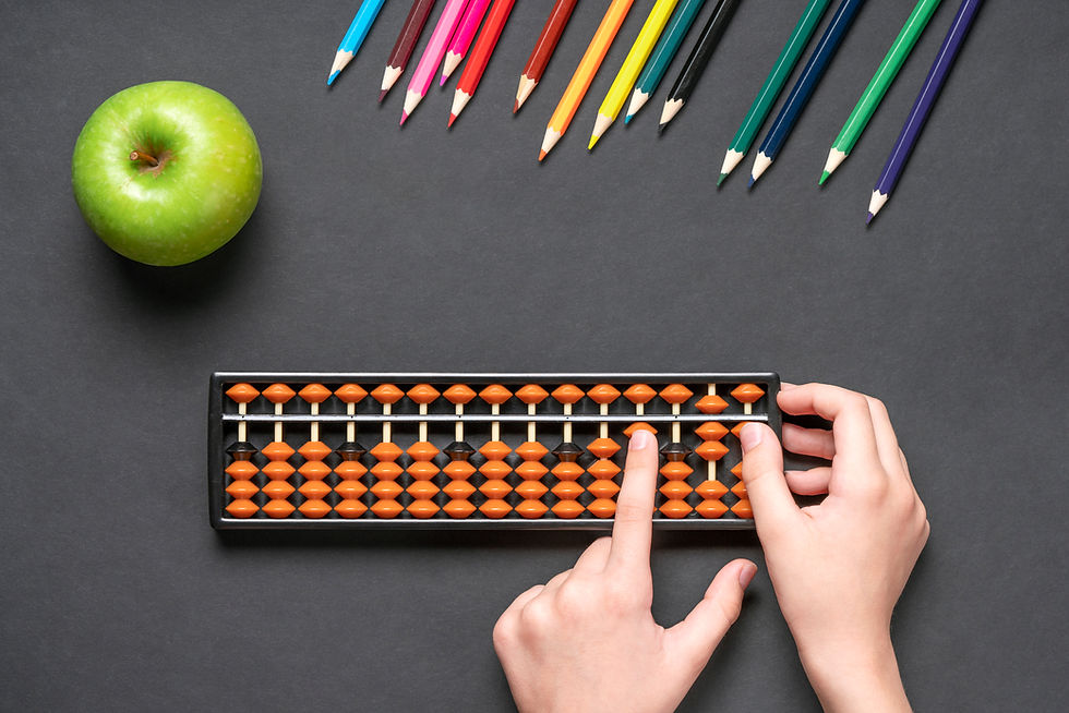 Child counting on soroban japanese abacus Kid learns numbers, children activity Mental ari