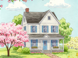A charming white house with blue shutters, surrounded by blooming trees and flowers. A pink cherry blossom tree is in front, under a sunny sky.