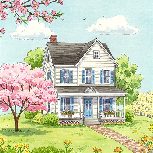 A charming white house with blue shutters, surrounded by blooming trees and flowers. A pink cherry blossom tree is in front, under a sunny sky.