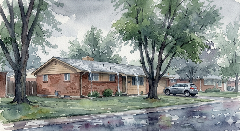 Watercolor of a brick house with a gray roof on a rainy day. Trees and a parked car in the driveway. Overcast sky and wet street.