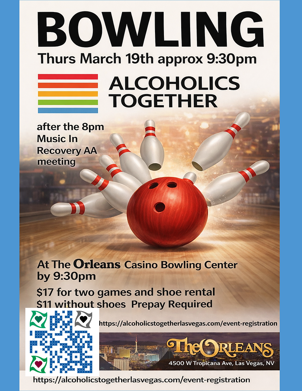 Bowling event flyer for March 19, 9:30 PM at The Orleans, Las Vegas. Features red bowling ball, pins, rainbow stripes, and event details.