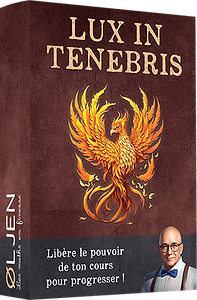 Le coffret de formation rouge Lux In Tenebris de Øljen - Les maths en finesse, avec le slogan 'Libère le pouvoir de ton cours pour progresser' et une illustration principale d'un phénix doré.