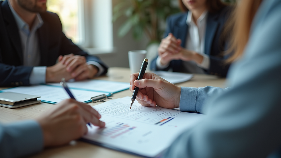 Eye-level view of a consultant discussing labor insurance procedures with a client