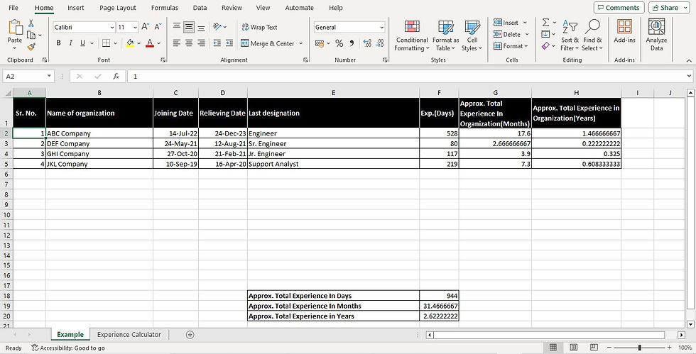 EXPERIENCE CALCULATOR - 15 RECORDS