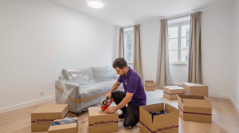 Déménageur WeMoveIt préparant des cartons et protégeant les meubles pour un déménagement