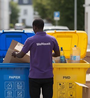 Un déménageur WeMoveIt déposant soigneusement des cartons et des objets recyclables dans des bacs de tri