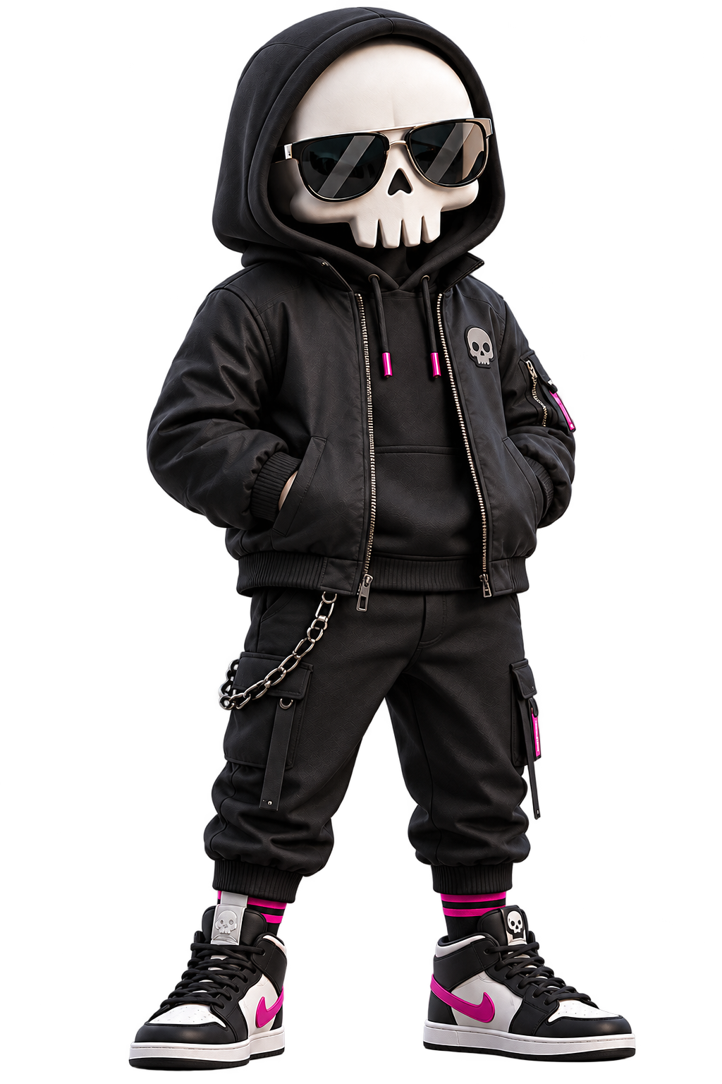 UI BUDDY skull mascot in black streetwear and sunglasses