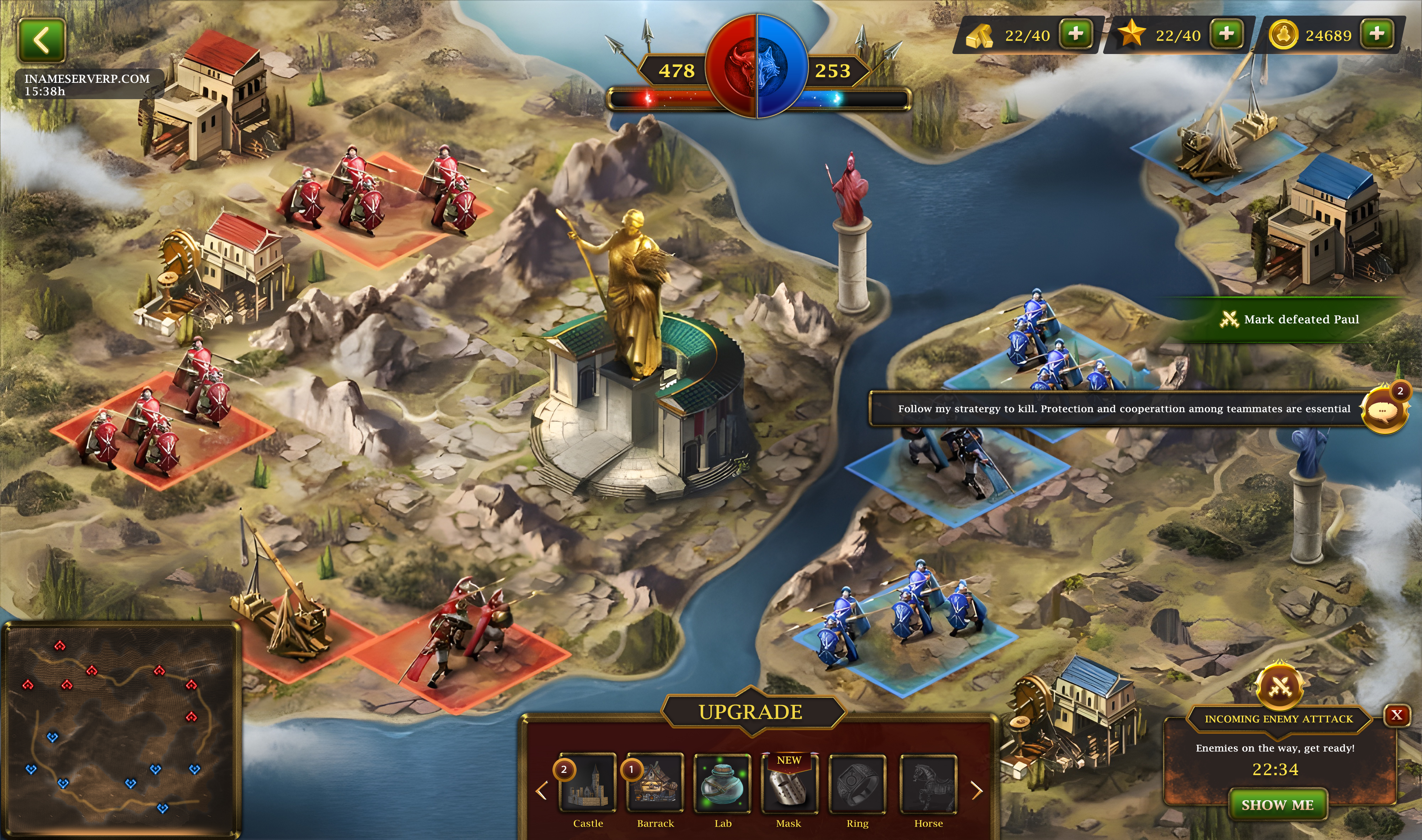 Strategy game interface showing a territorial battlefield map, red and blue units, resources, minimap, upgrade options and upcoming enemy attack