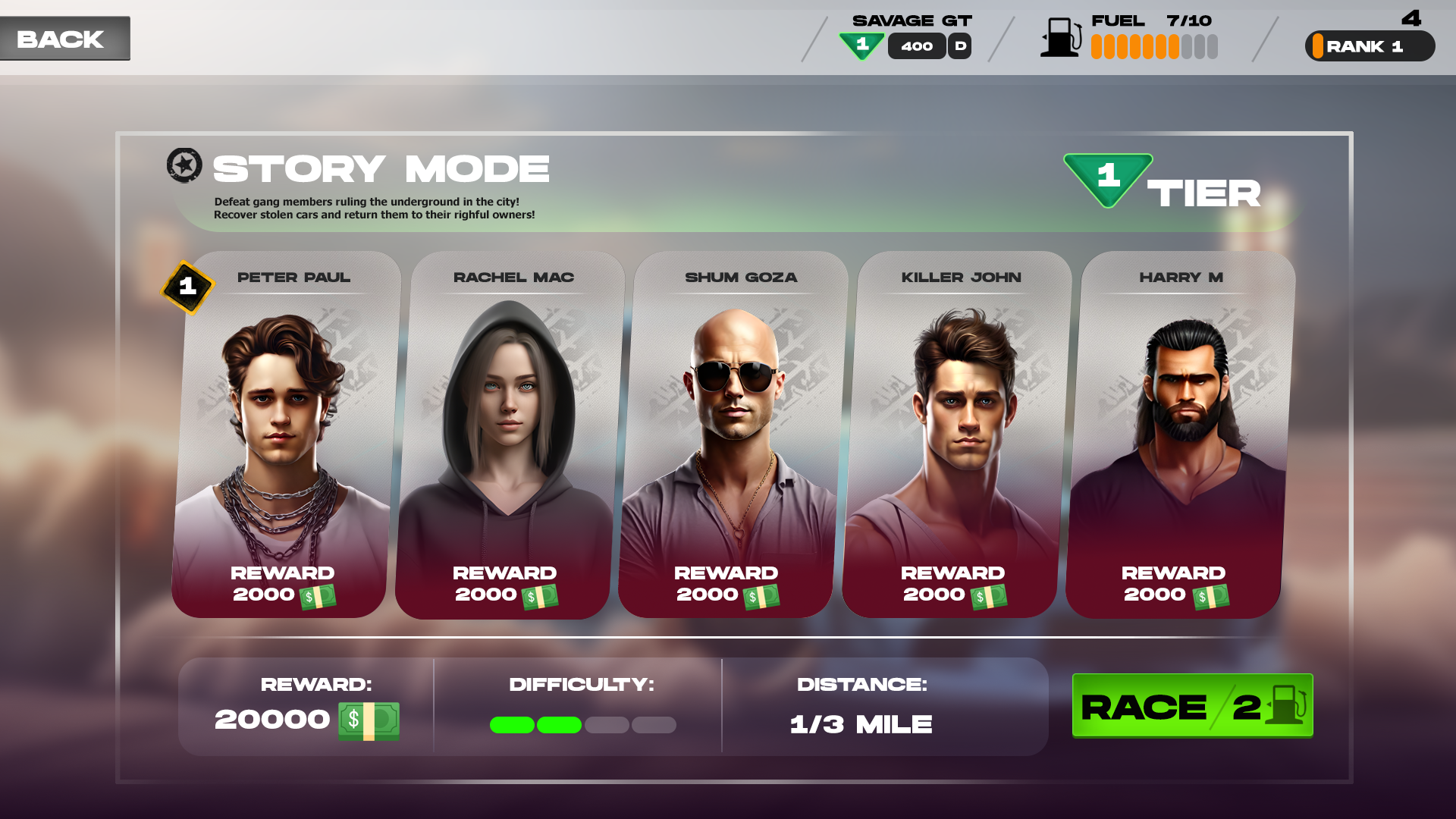 Story Mode Drag Club game UI screen