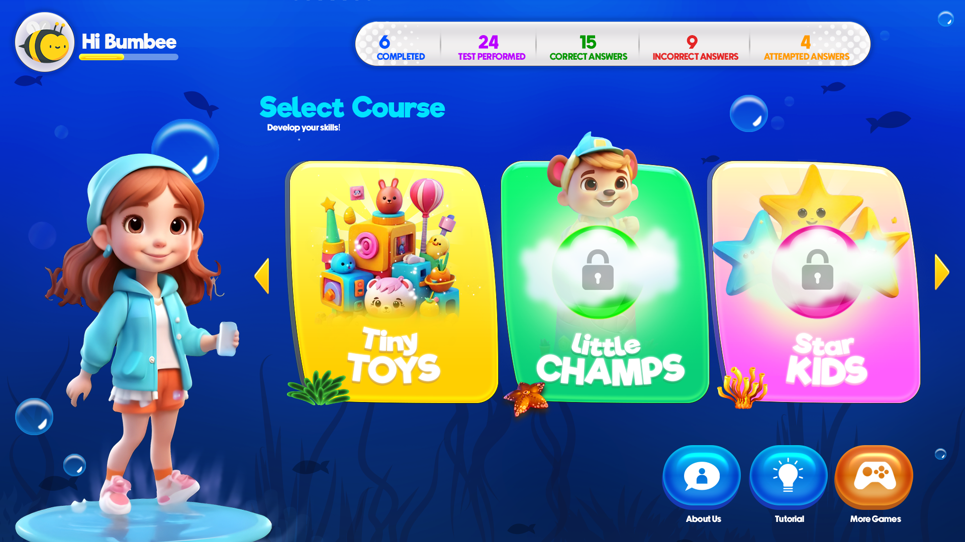 Kids Edu game interface concept with course cards