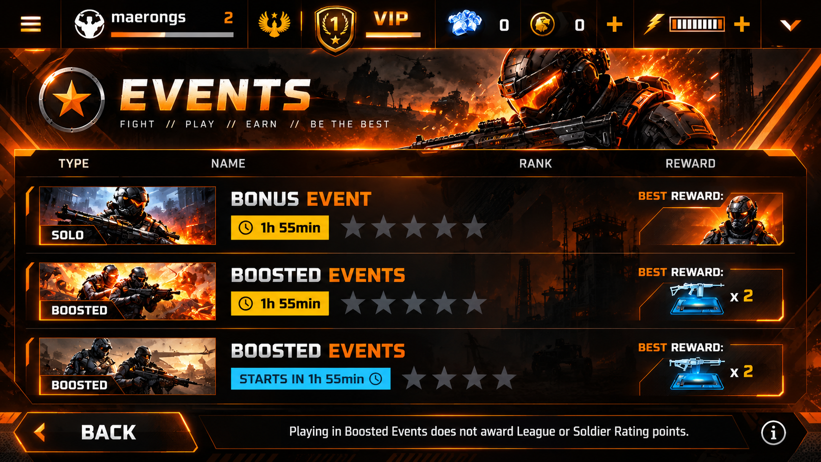 Events game interface with bonus and boosted events, timers, player ranks, rewards, and a back navigation panel