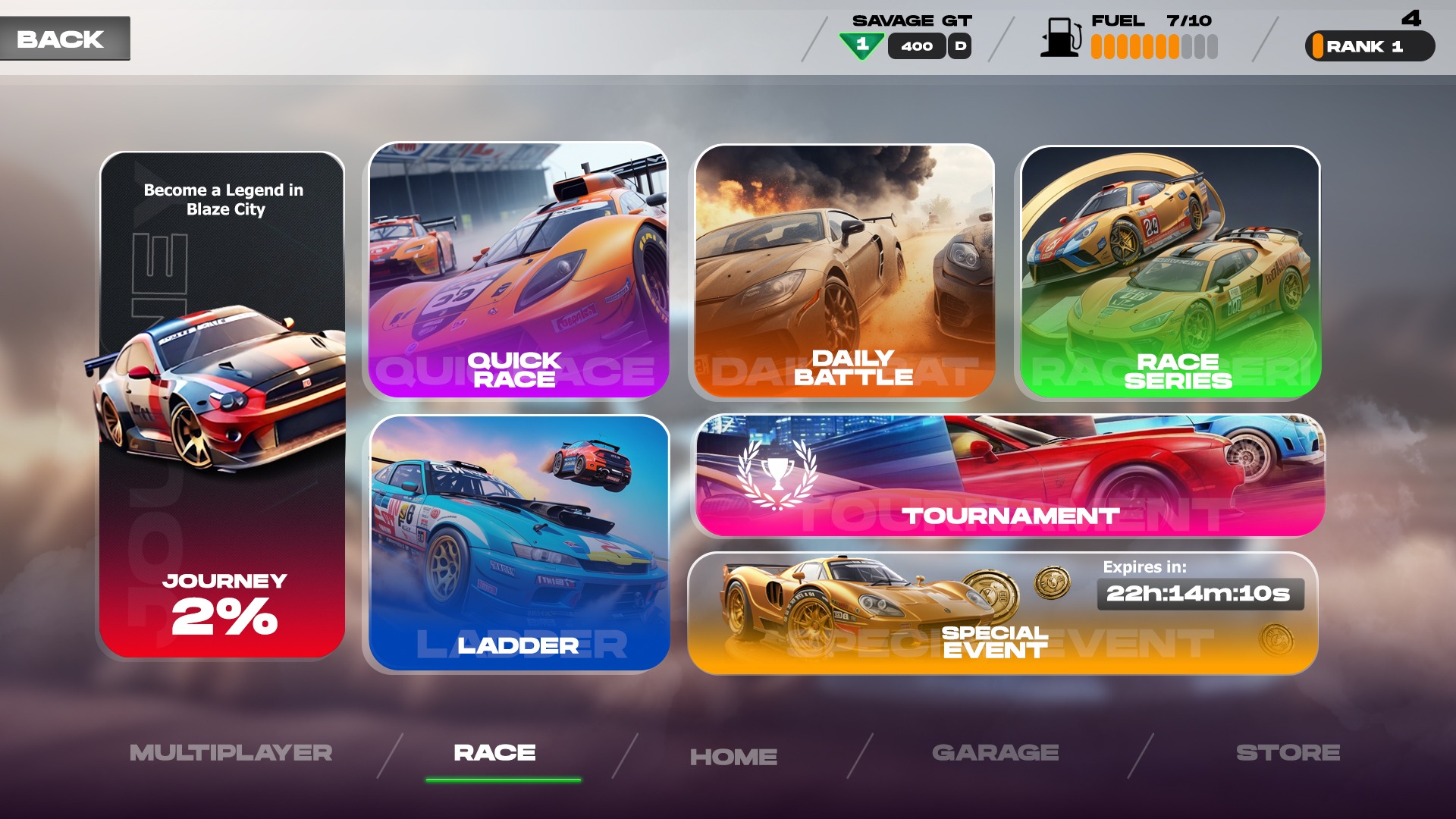 Drag Club race selection screen