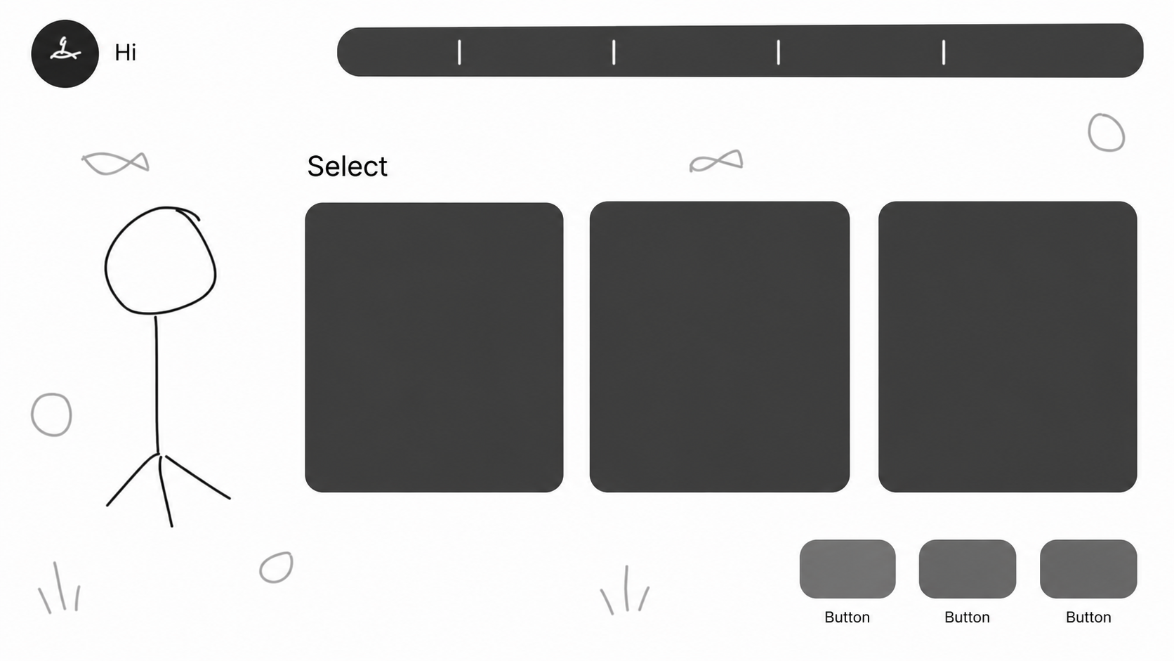 Early wireframe prototype showing a rough three-column layout