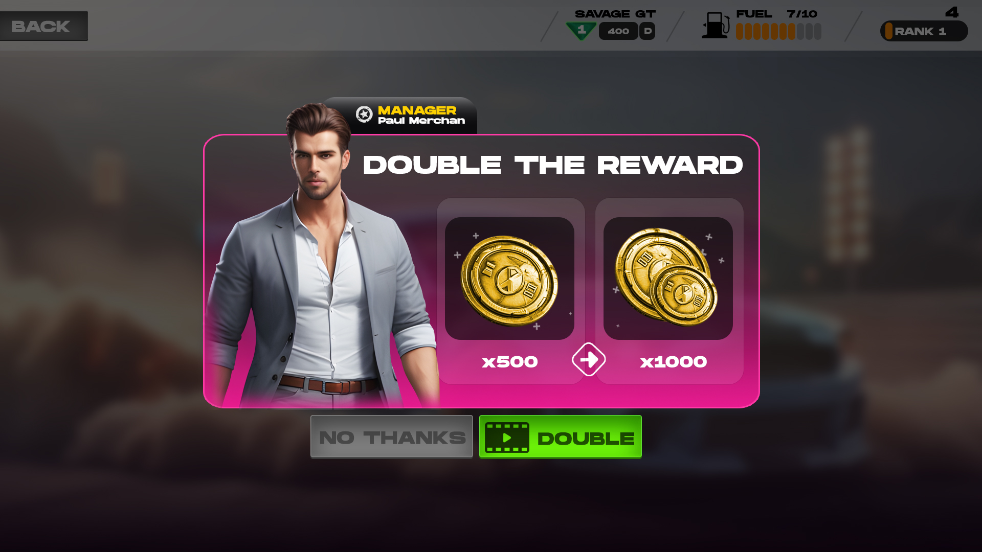 Coin Reward Drag Club game UI screen