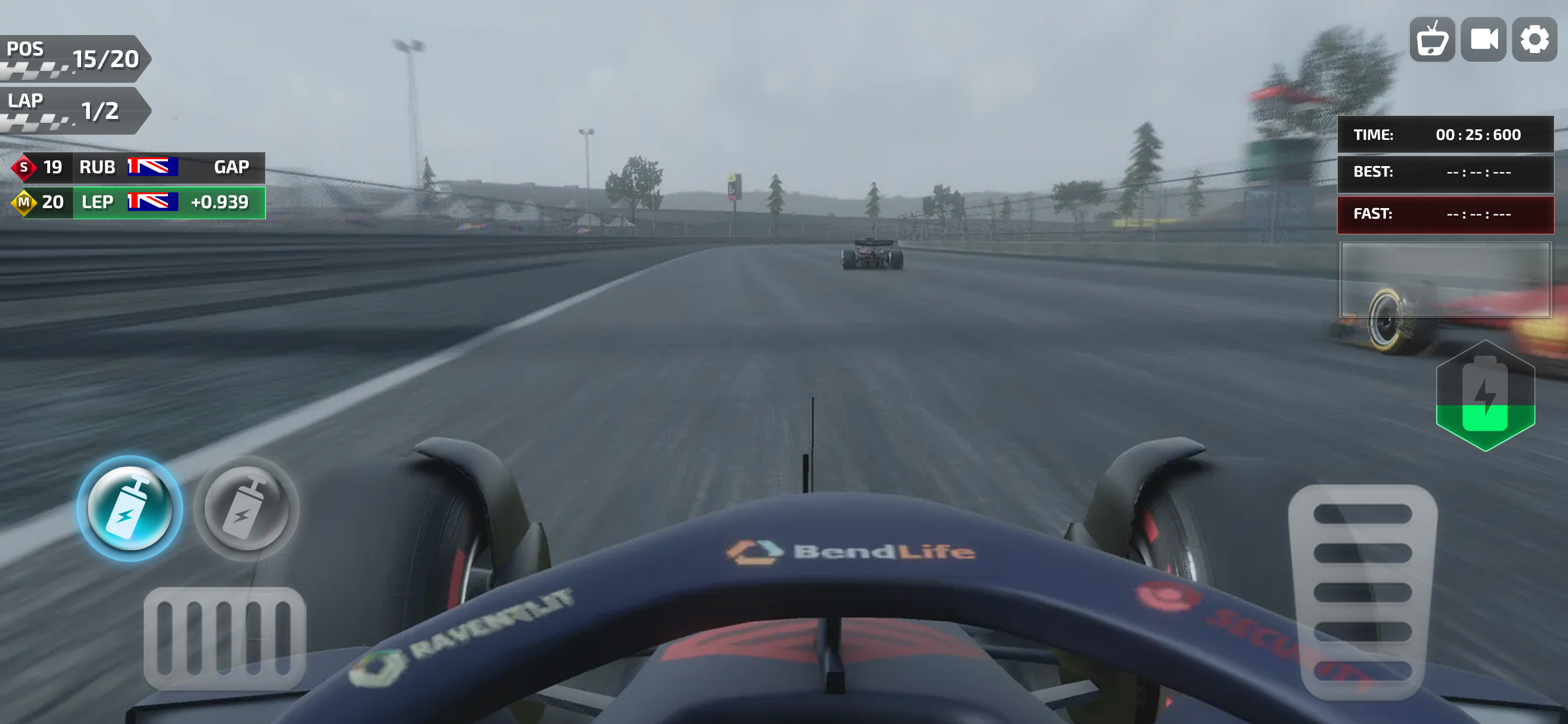 Racing gameplay screenshot showing race position, lap, opponent standings, timer, boost controls and on-screen driving HUD