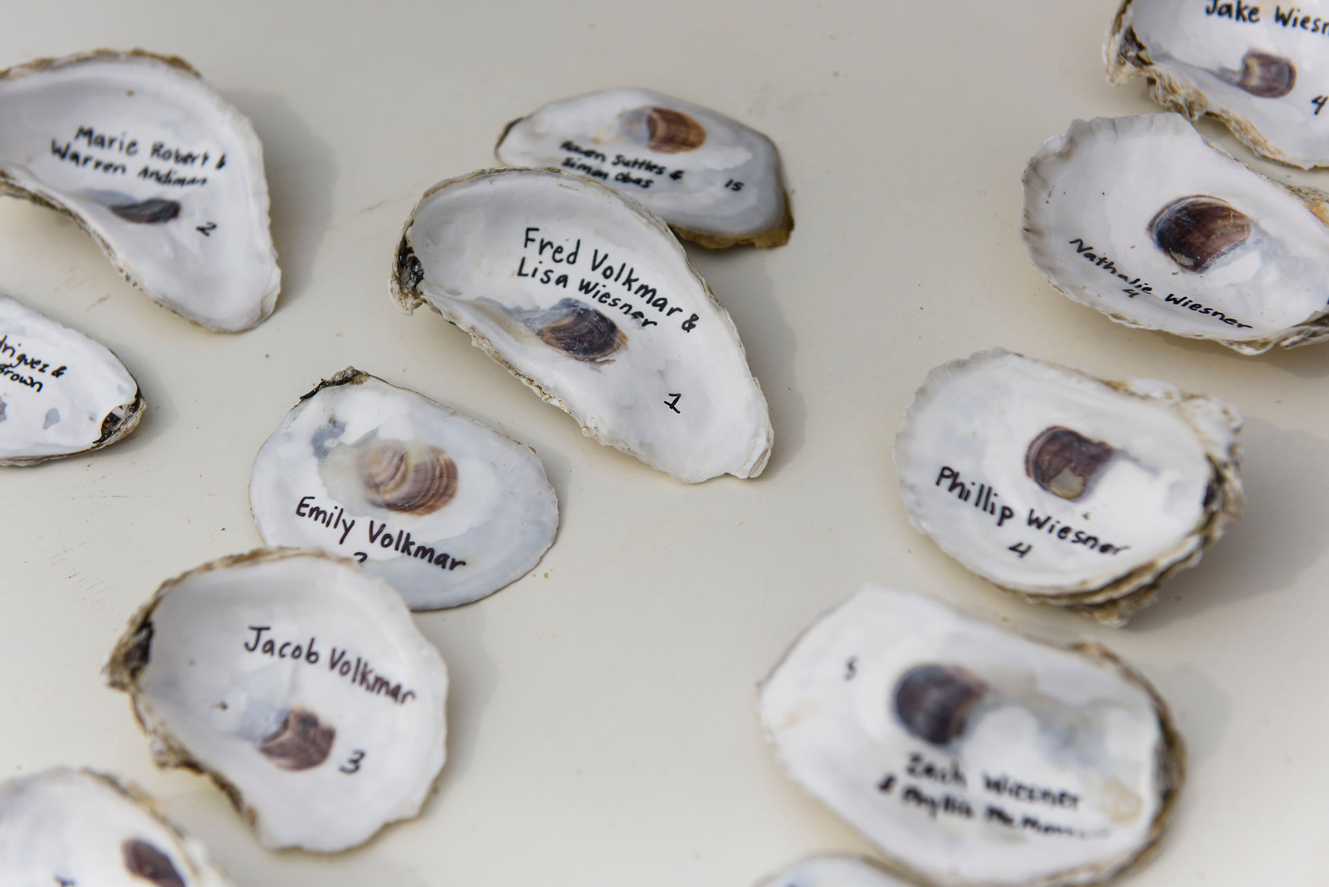 Oyster shell table cards at a Chilmark wedding photo by David Welch Photography