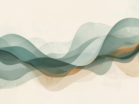 Abstract image of overlapping teal, brown, and beige waves on a light background, creating a serene and flowing visual effect.