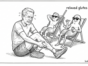 Cartoon illustration of a runner desperately stretching their calves while their glutes sit idle in deckchairs, illustrating how calf tightness is often caused by glutes not doing their job.