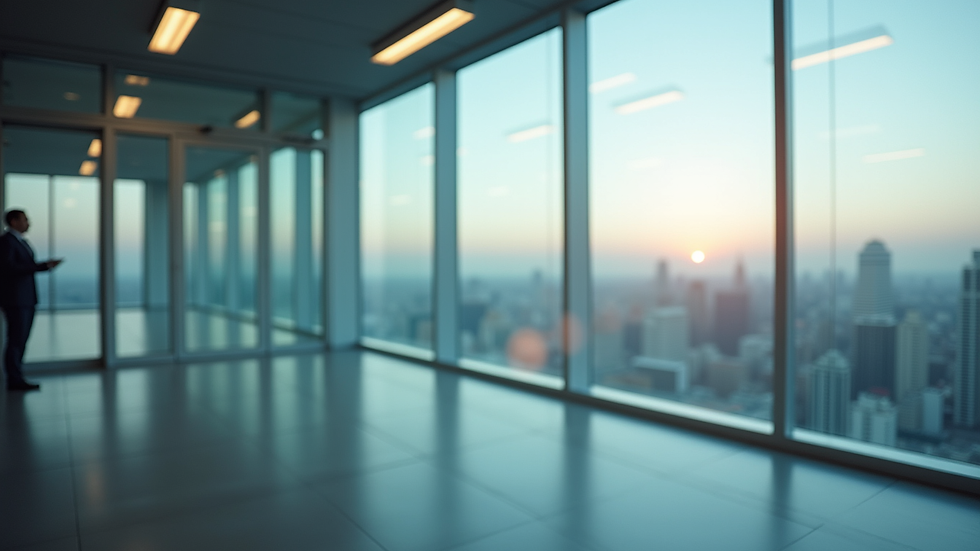Eye-level view of a modern office window with reflective heat-reducing film
