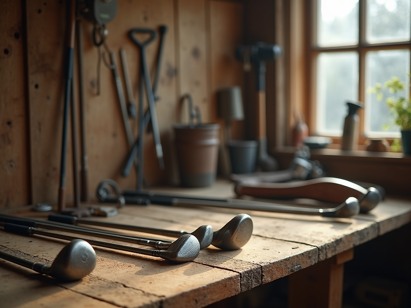 A-clean-and-minimalist-workshop-environment-with-golf-clubs-organized-for-precision-repair