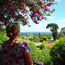 create an image vivid color Woman overlooking a peaceful garden.jpg