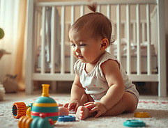 Create an Image of a baby playing with toys on the floor with her crib behind her in her b