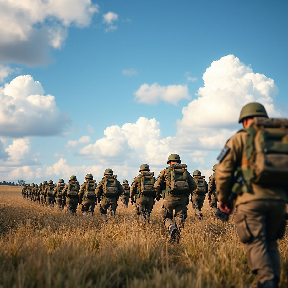 combat troops on a mission marching through a field with backpacks no rifles.jpg
