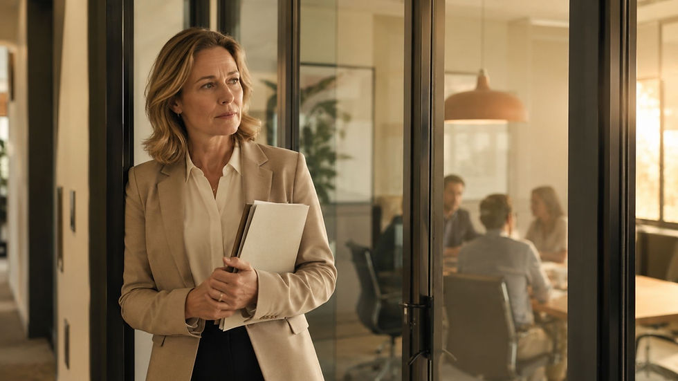 Eine Frau steht alleine vor einem belegten Besprechungszimmer