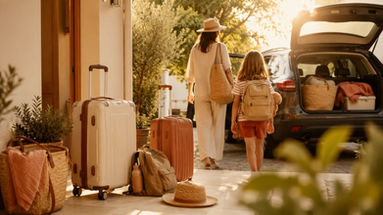 Mutter und Tochter gehen zum Auto, das mit Koffern und Taschen für den Urlaub beladen wird