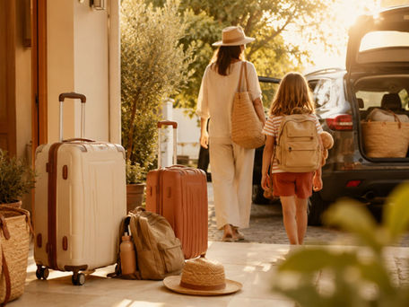 Mutter und Tochter gehen zum Auto, das mit Koffern und Taschen für den Urlaub beladen wird