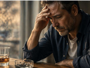 ein verwirrter Mann mittleren Alters sitzt vor Aschenbecher und Whiskyglas
