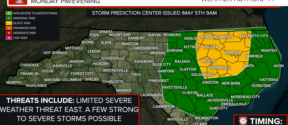 A few strong to severe storms are possible across Central/NE Eastern today (Monday, May 5th)