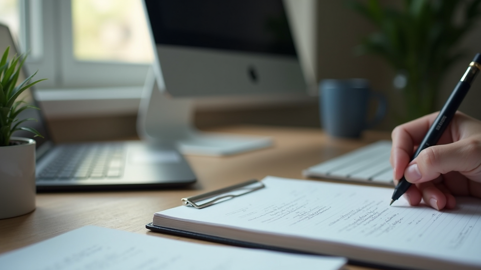 Close-up view of a professional writer’s workspace with notes and a computer