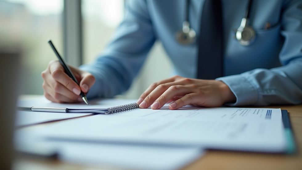 Close-up view of a person taking notes while studying medical coding