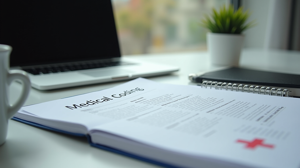 Eye-level view of a medical coding textbook and a laptop on a desk