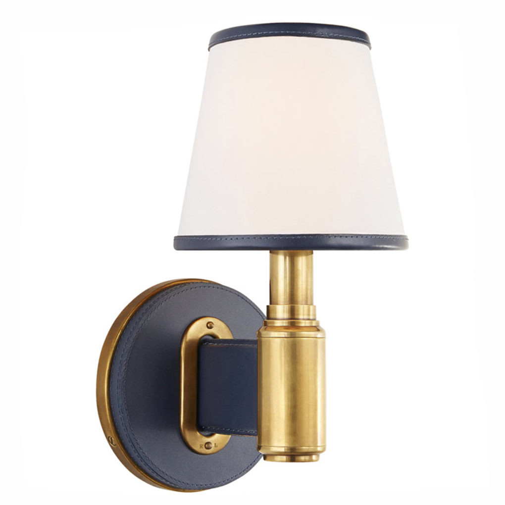 RALPH LAUREN Riley Sconce, Natural Brass & Navy Leather