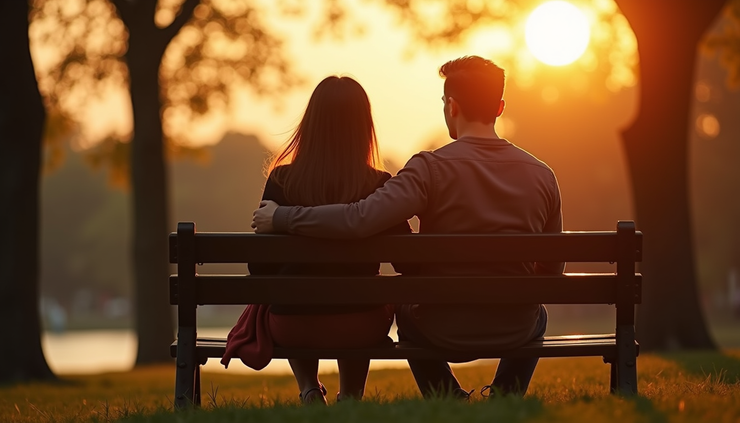 Eye-level view of a couple sitting apart on a park bench during sunset