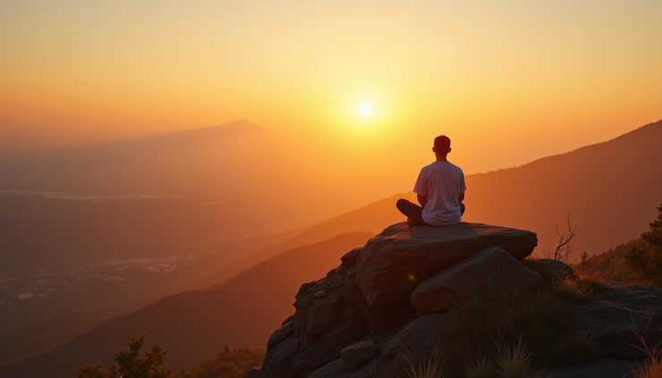 High angle view of a person meditating outdoors at sunrise with calm surroundings