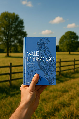 mão segurando livro em um ambiente rural. Céu azul, árvores e uma cerca ao fundo.