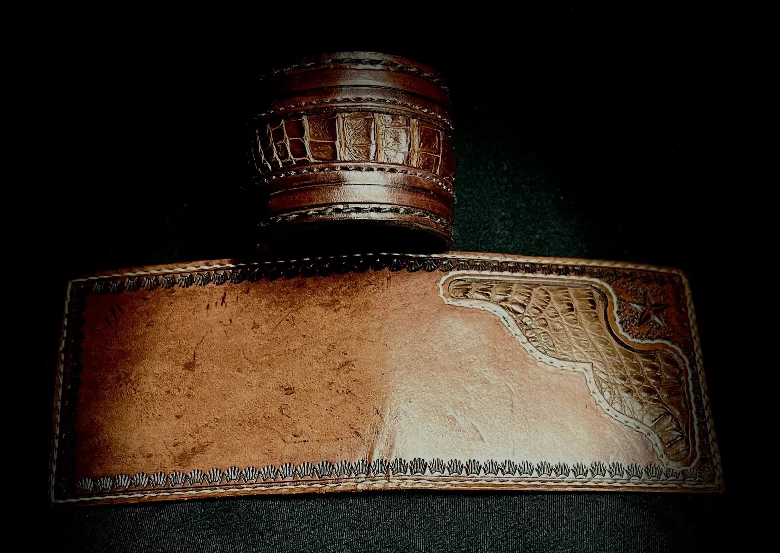 Leather Wallet, Leather Cuff, Leather Wristband Combo