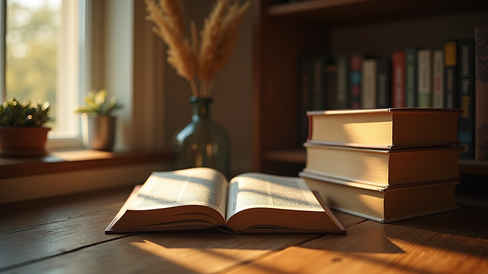 Eye-level view of a cozy reading nook with a stack of books and a warm light