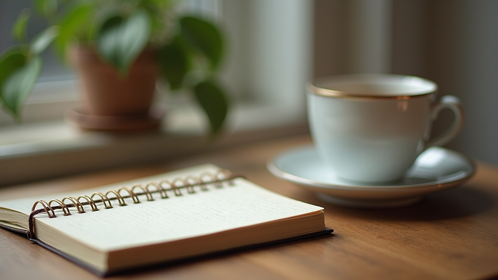 Close-up view of a journal and a cup of herbal tea on a wooden table