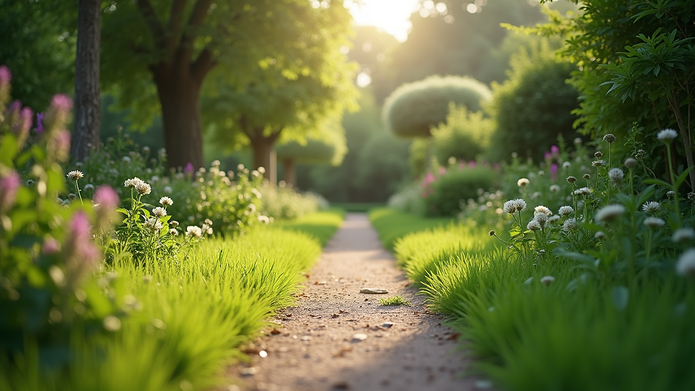 Eye-level view of a peaceful garden path surrounded by greenery