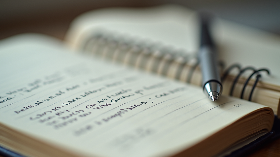Close-up view of a journal with handwritten notes and a pen resting on the page