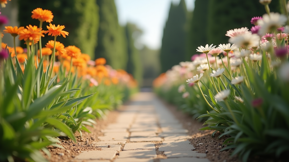 Eye-level view of a serene garden path lined with blooming flowers