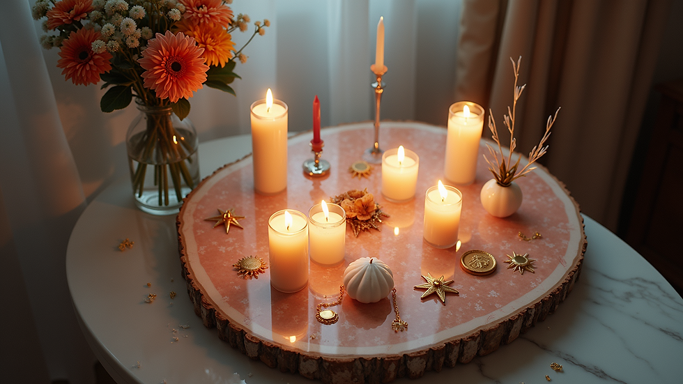 High angle view of a crystal altar with candles, flowers, and personal tokens